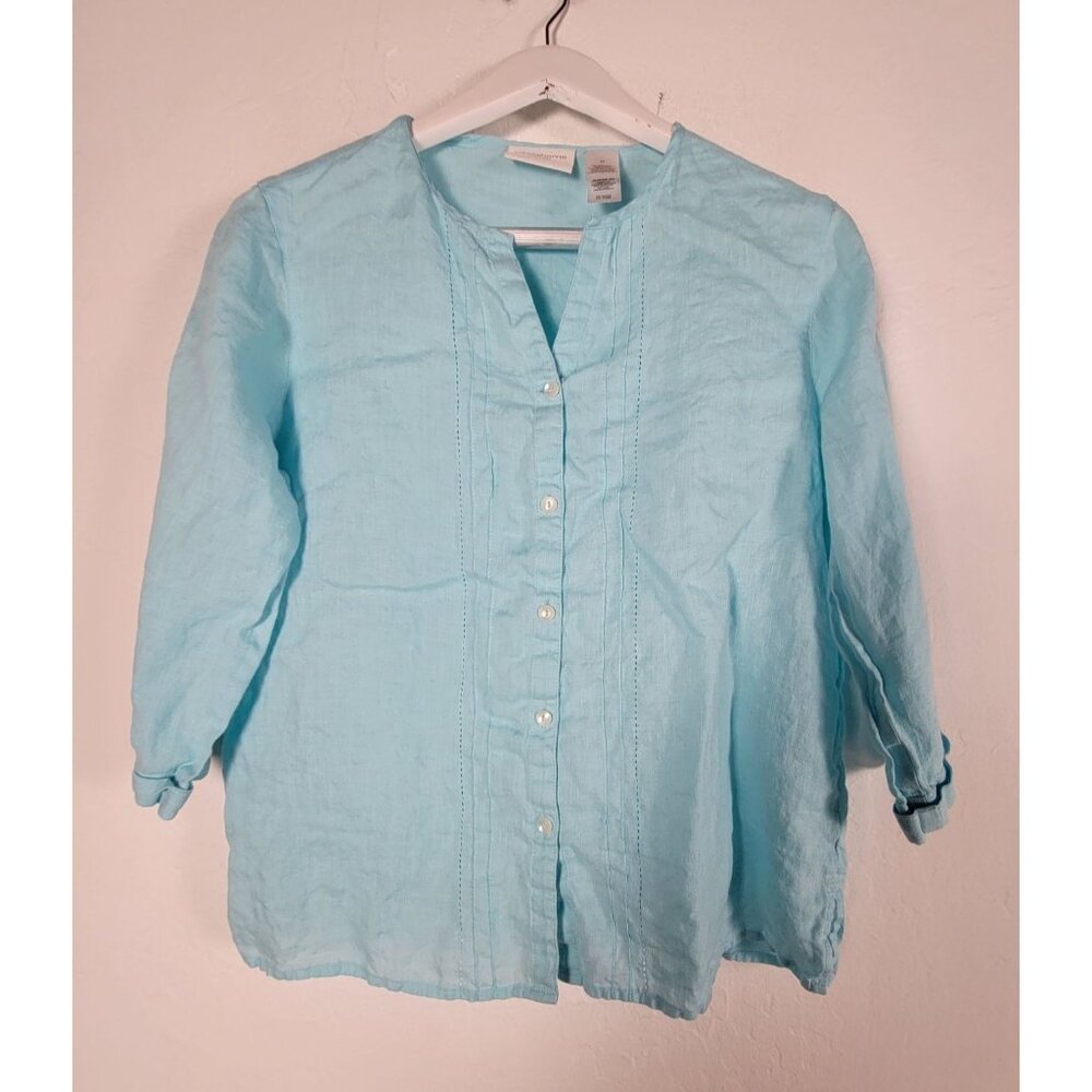 Liz Claiborne Lizsport Womens Blue Linen Button-Up Pintuck Blouse Shirt Medium